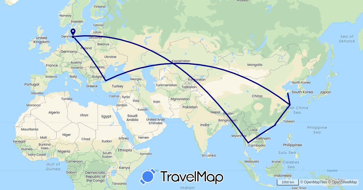 TravelMap itinerary: driving in China, Denmark, Thailand, Turkey (Asia, Europe)